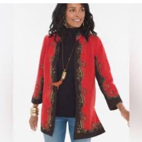 Chico's Vibrant Red and Black Embroidered heritage coat. Beaded embellishments - Picture 1 of 11
